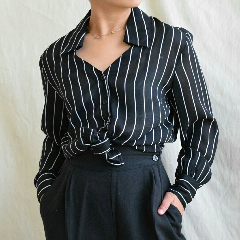 Classic black white sheer dress shirt Small - Picture 7 of 9